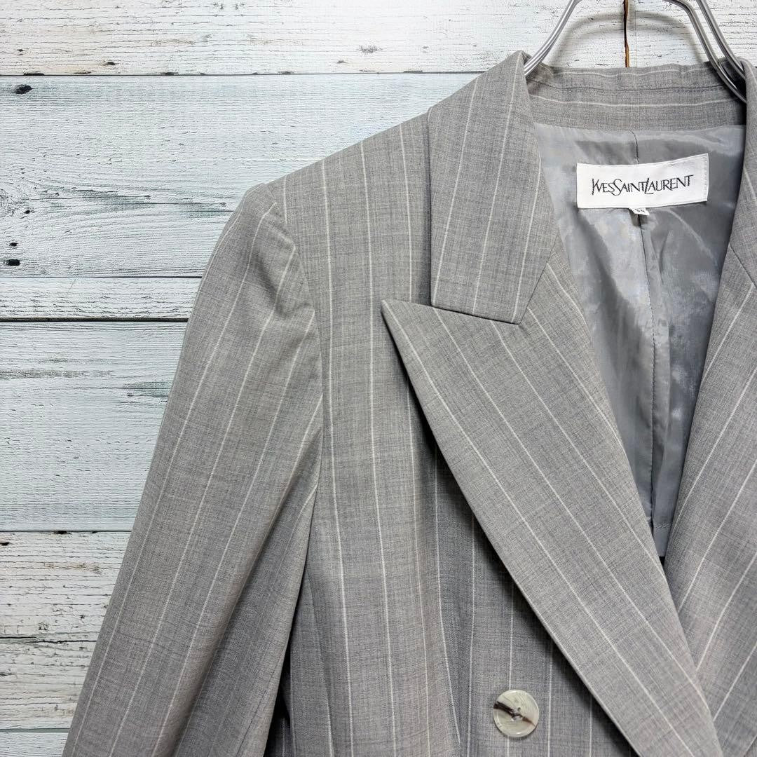 Yves Saint Laurent 90s Double Breasted Wool Suit Set Gray Pinstripe 34