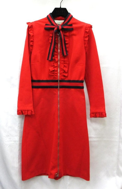 GUCCI Dress S Red Frill Jersey Ribbon 95.5cm Length Pre-Owned