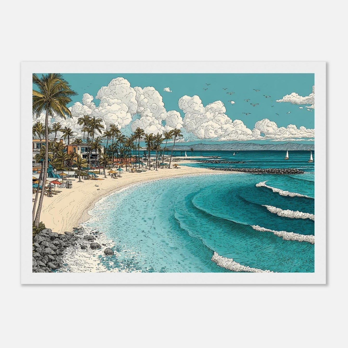 Honolulu Beachfront Breeze Hawaiian Art A4 Leaf Aloha Official picture.