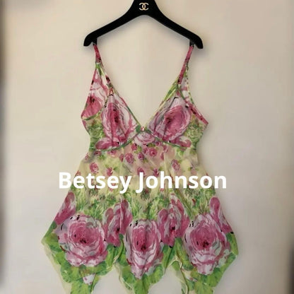 Vintage Betsey Johnson Floral Chiffon Camisole Slip Asymmetric Hem Pink Green
