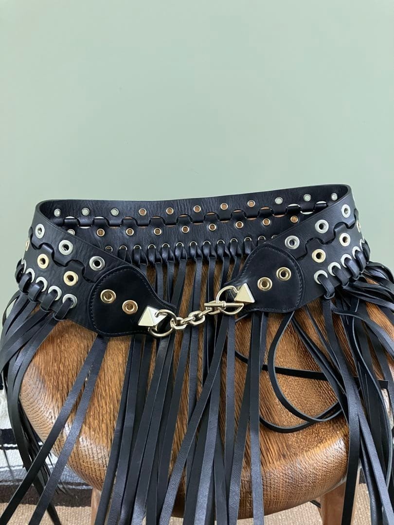 SONIA Rykiel Fringe Metal Eyelet Design Belt Black Leather Rare Almost Unused
