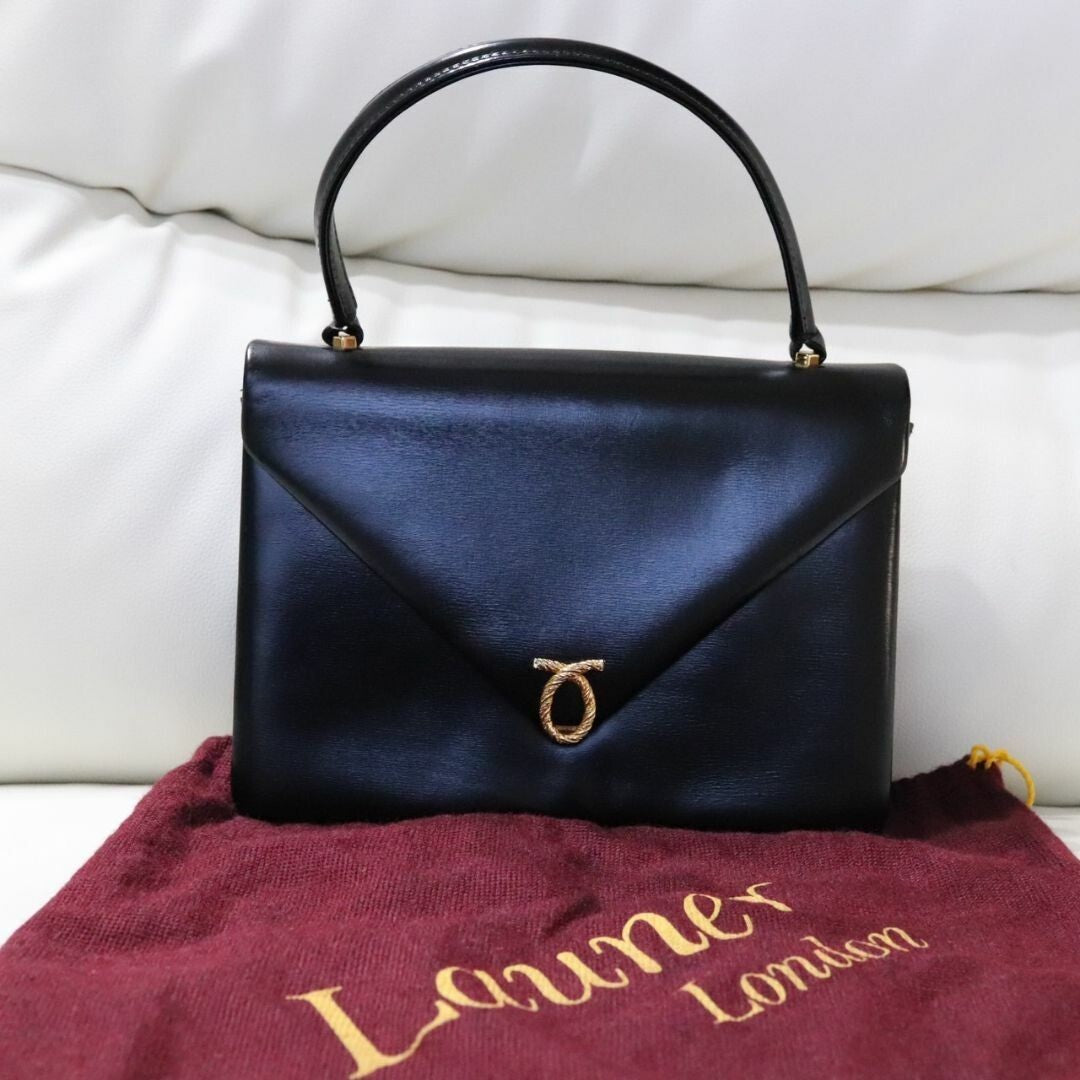 Launer London Handbag Black Calf Leather Gold Hardware Women's w/Card case Used