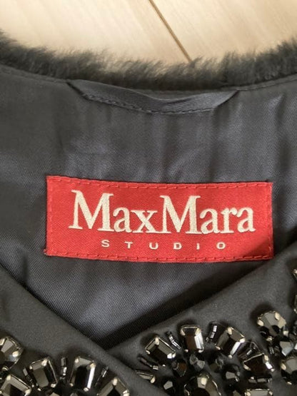 Max Mara Lapin Fur Jeweled A-line Collarless Coat Jacket Blouson Women 36 Black