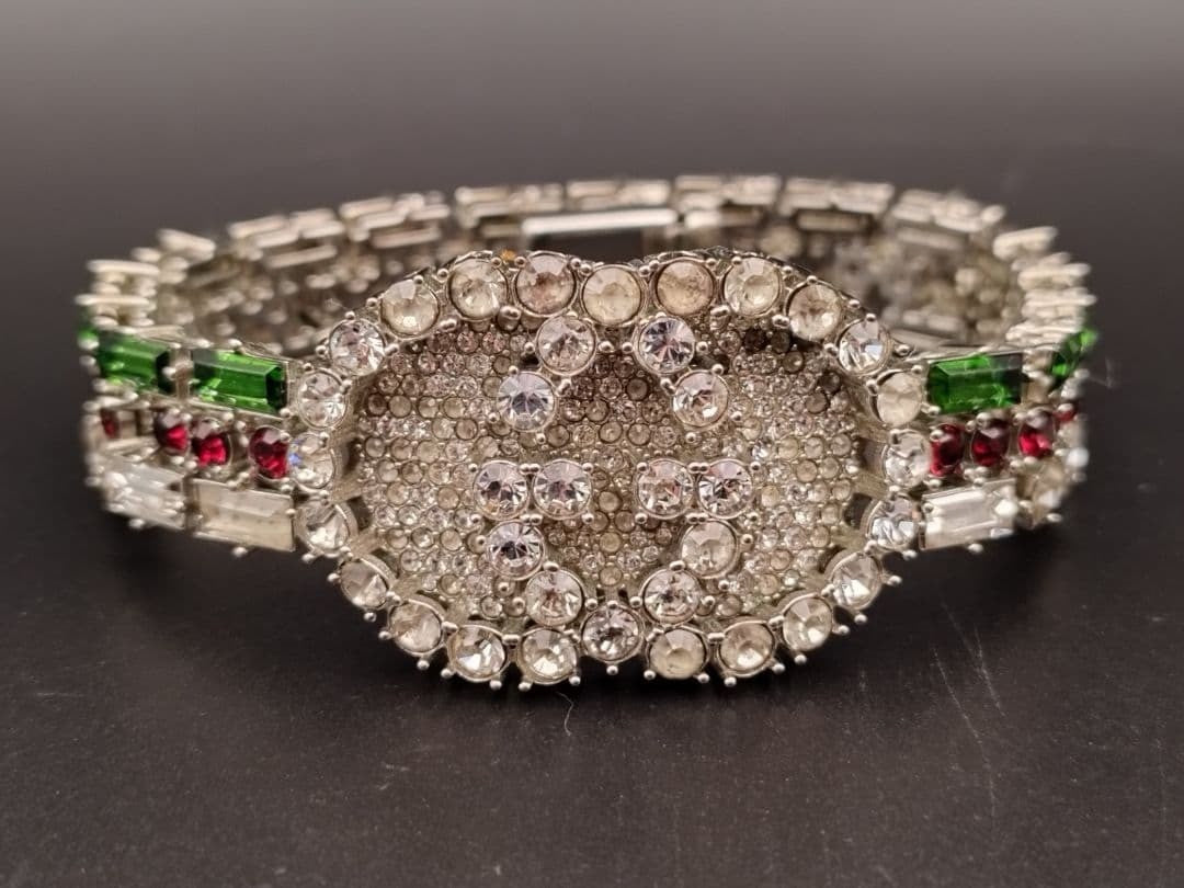 Authentic GUCCI Crystal GG Web Bracelet Silver Tone Vintage Rare Jewelry Italy