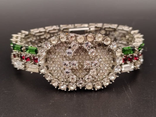 Authentic GUCCI Crystal GG Web Bracelet Silver Tone Vintage Rare Jewelry Italy