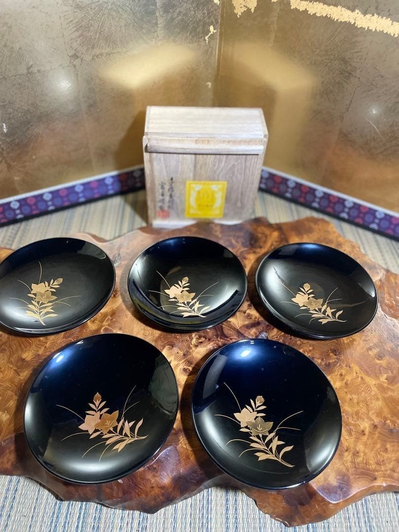 Wajima Lacquer Chinkin Black Dessert Plates Set of 5 by Miyakita with Box
