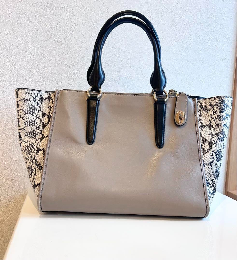 COACH Hand Bag Tote Bag Gray Leather Snake pattern Women's USED FROM JAPAN
