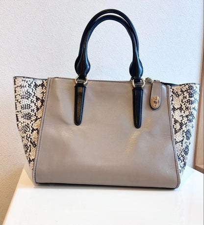 COACH Hand Bag Tote Bag Gray Leather Snake pattern Women's USED FROM JAPAN