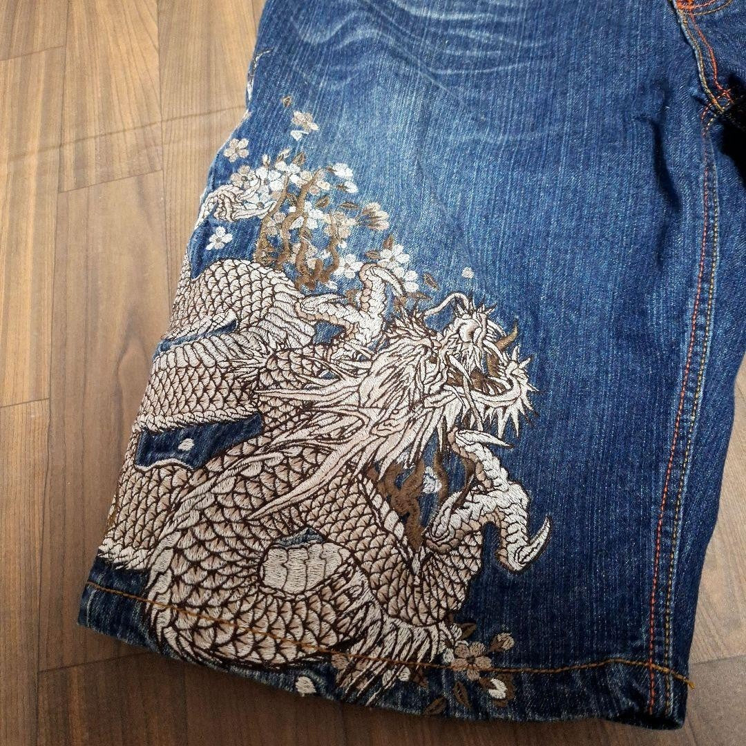 Kacho Fugetsu Men's Denim Jeans Half Pants Dragon Embroidered Blue Size 40