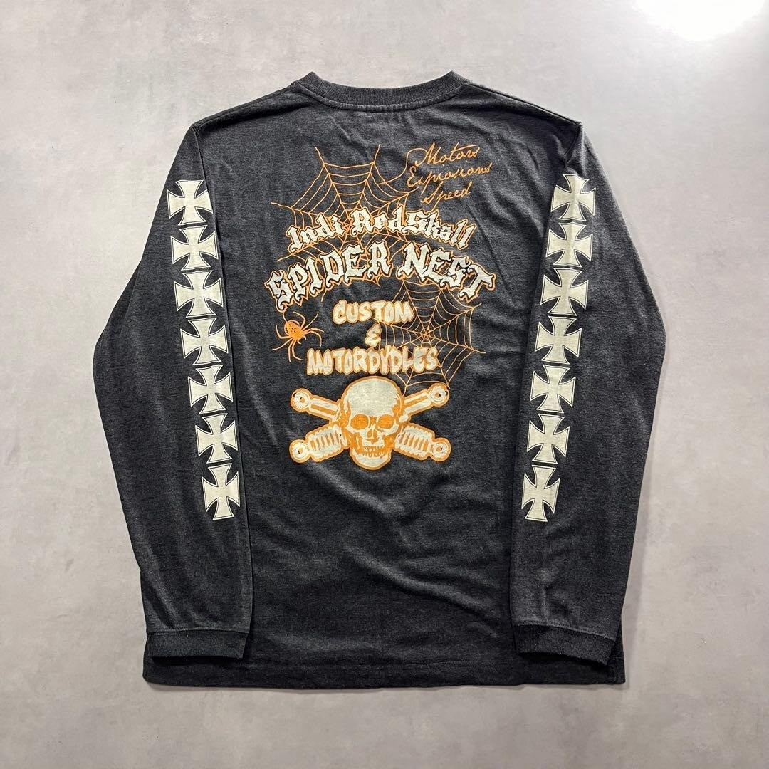 Iron Cross Spider Web Skull Long Sleeve T-Shirt Vintage Graphic L
