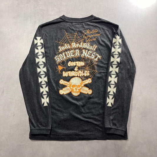 Iron Cross Spider Web Skull Long Sleeve T-Shirt Vintage Graphic L