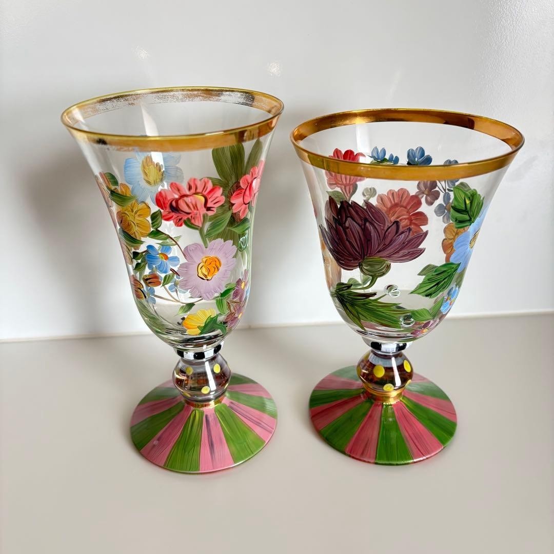 Mackenzie Childs Circus Hand-Painted Floral Glass Set Large Small Rare
