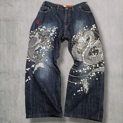Karakuri Tamashii Dragon Koi Sakura Embroidery Denim Jeans W42 Rare