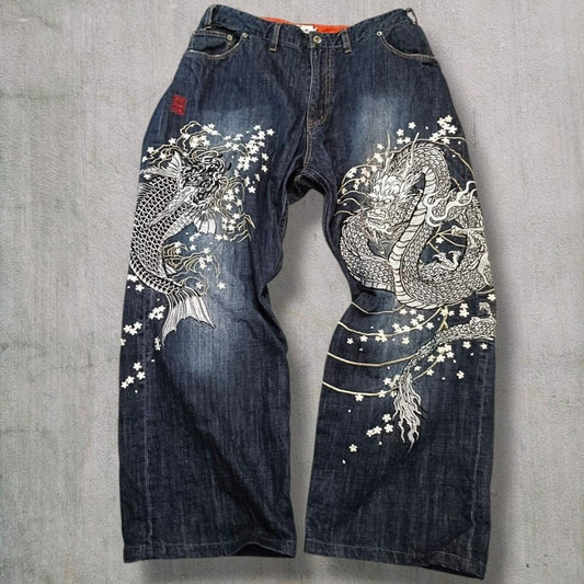 Karakuri Tamashii Dragon Koi Sakura Embroidery Denim Jeans W42 Rare