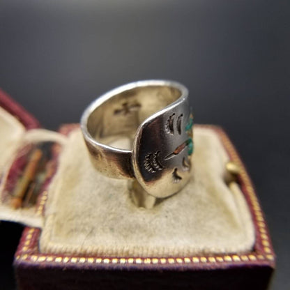 Thunderbird Crushed Turquoise Inlay 925 Silver Vintage Wrap Ring