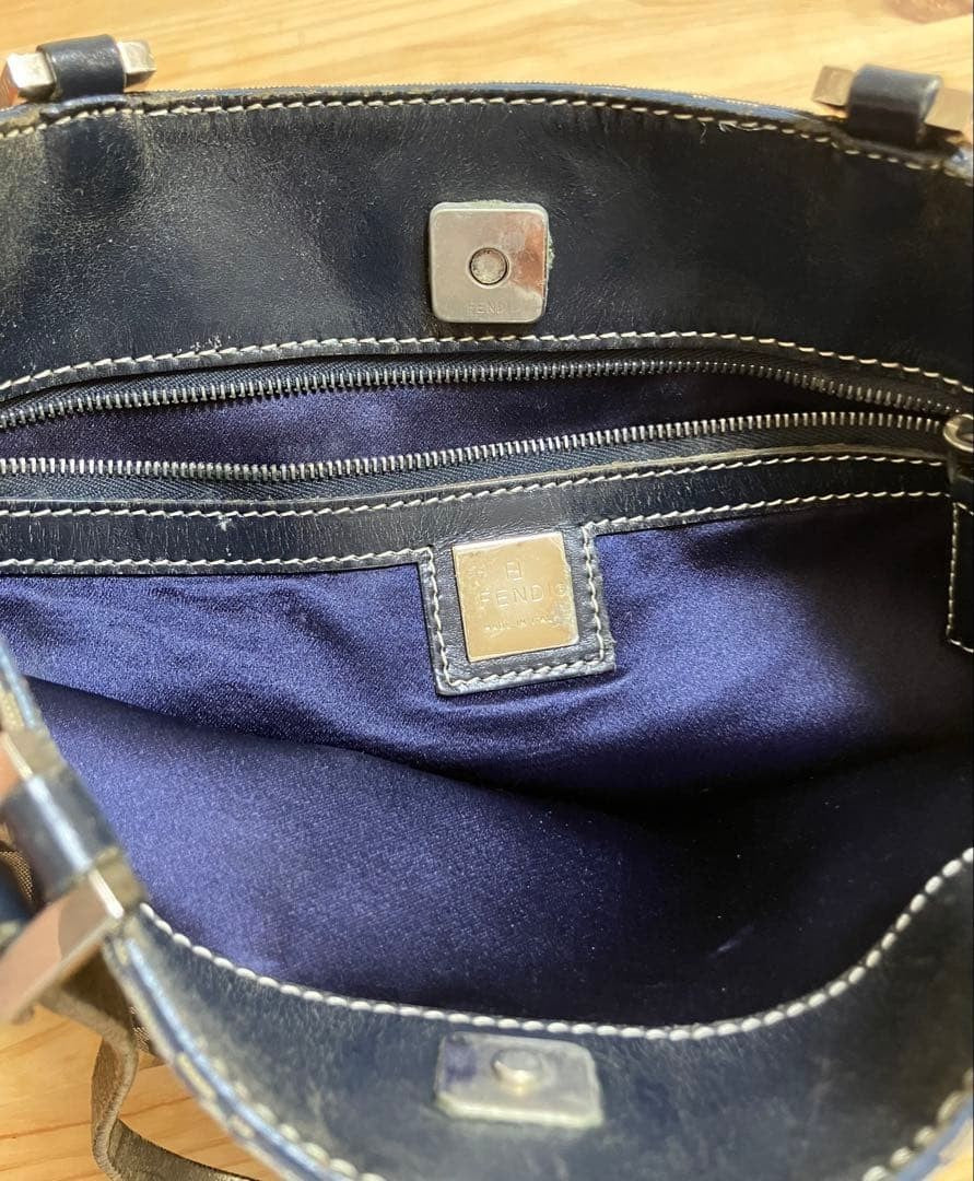 FENDI Zucca Tote Shoulder Bag Navy Beige Canvas Leather Logo Print Vintage Japan