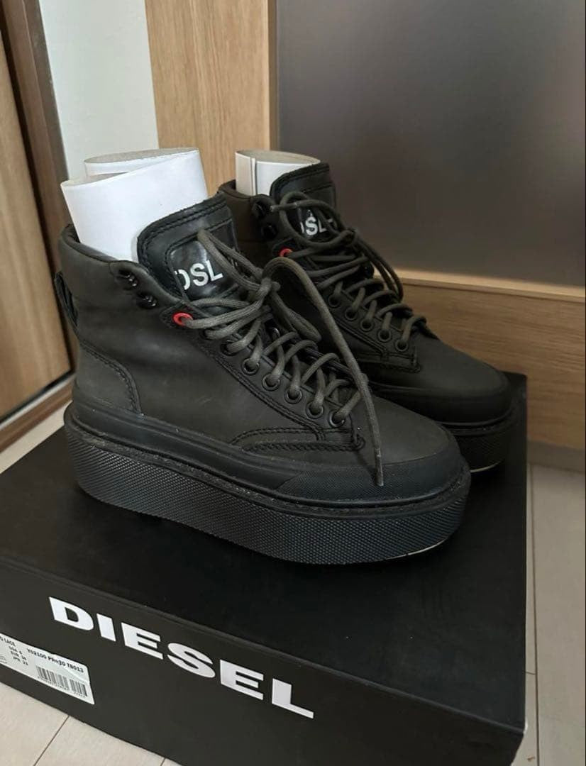 Diesel Women 6.0US Black High-Cut Sneakers Platform Sole With Box Luxury Casual