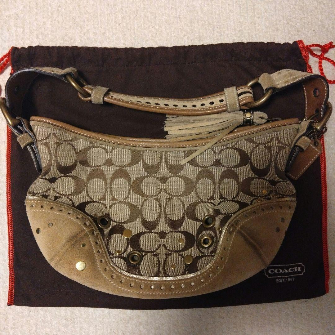 COACH signature pattern fringe shoulder bag beige 10a