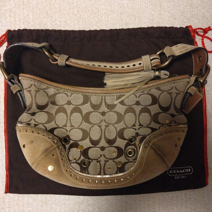 COACH signature pattern fringe shoulder bag beige 10a