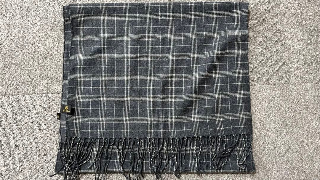 LORO PIANA Wool Check Scarf Gray Fringe 162x48cm