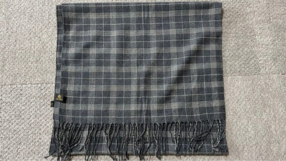LORO PIANA Wool Check Scarf Gray Fringe 162x48cm