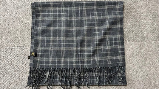 LORO PIANA Wool Check Scarf Gray Fringe 162x48cm