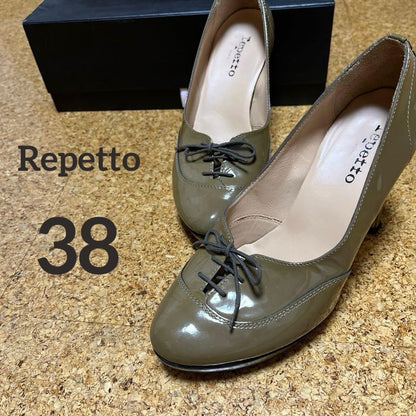 Rare Repetto Enamel Beige Olive Green Lace-Up Heels Shoes Size 38 US 7-7.5