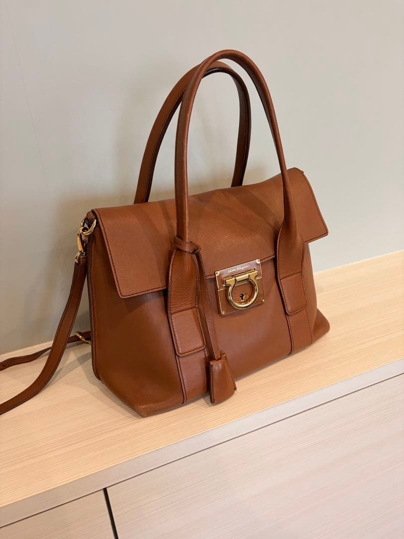 Salvatore Ferragamo Gancini Leather 2Way Handbag Shoulder Bag Brown Pre-owned