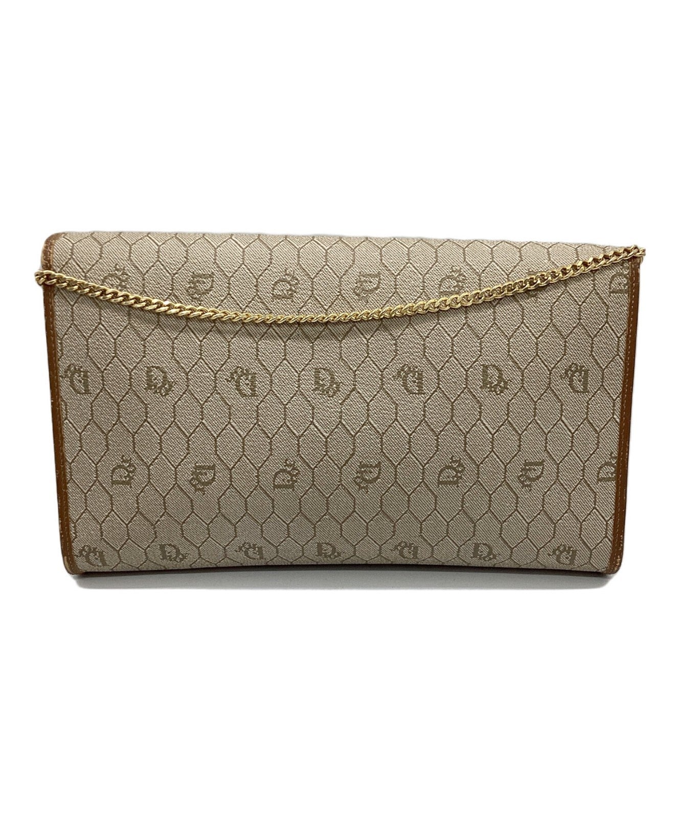 Dior Honeycomb Chain Shoulder Crossbody Bag Beige Canvas Leather Vintage Auth