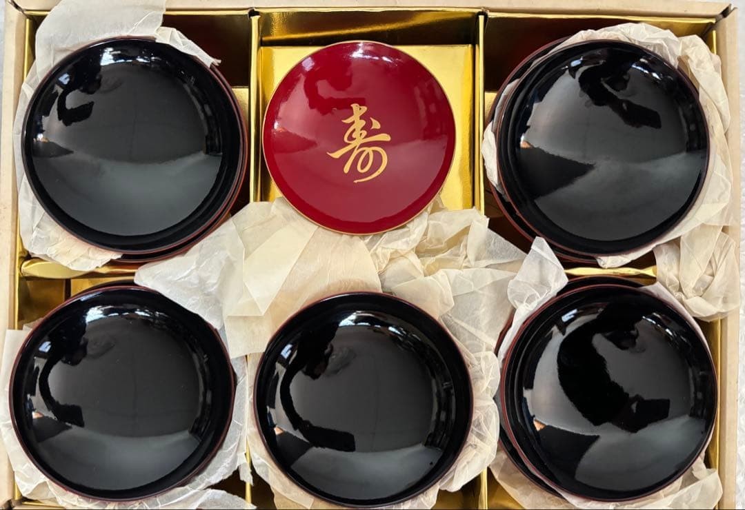 Japanese Lacquered Bowls & Sake Cup Set - Chrysanthemum Design, Red & Black