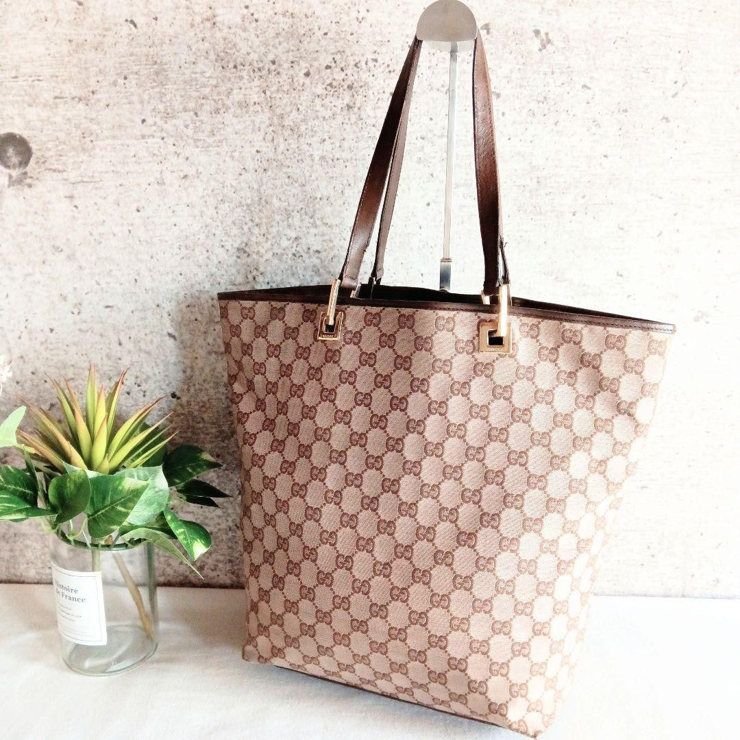 GUCCI GG Tote Shoulder Bag Leather Canvas Brown Beige Gold Hardware From Japan