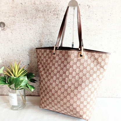 GUCCI GG Tote Shoulder Bag Leather Canvas Brown Beige Gold Hardware From Japan