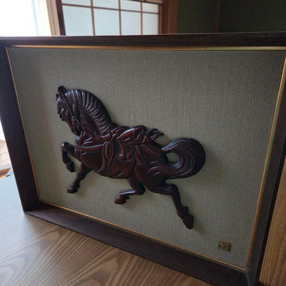 Showa Retro Vintage Lucky Horse Wooden Frame Genroku Horse
