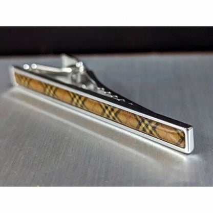 Burberry Tie clip bar pin Brown Nova check Silver color 6cm no Box Men's Jewelry
