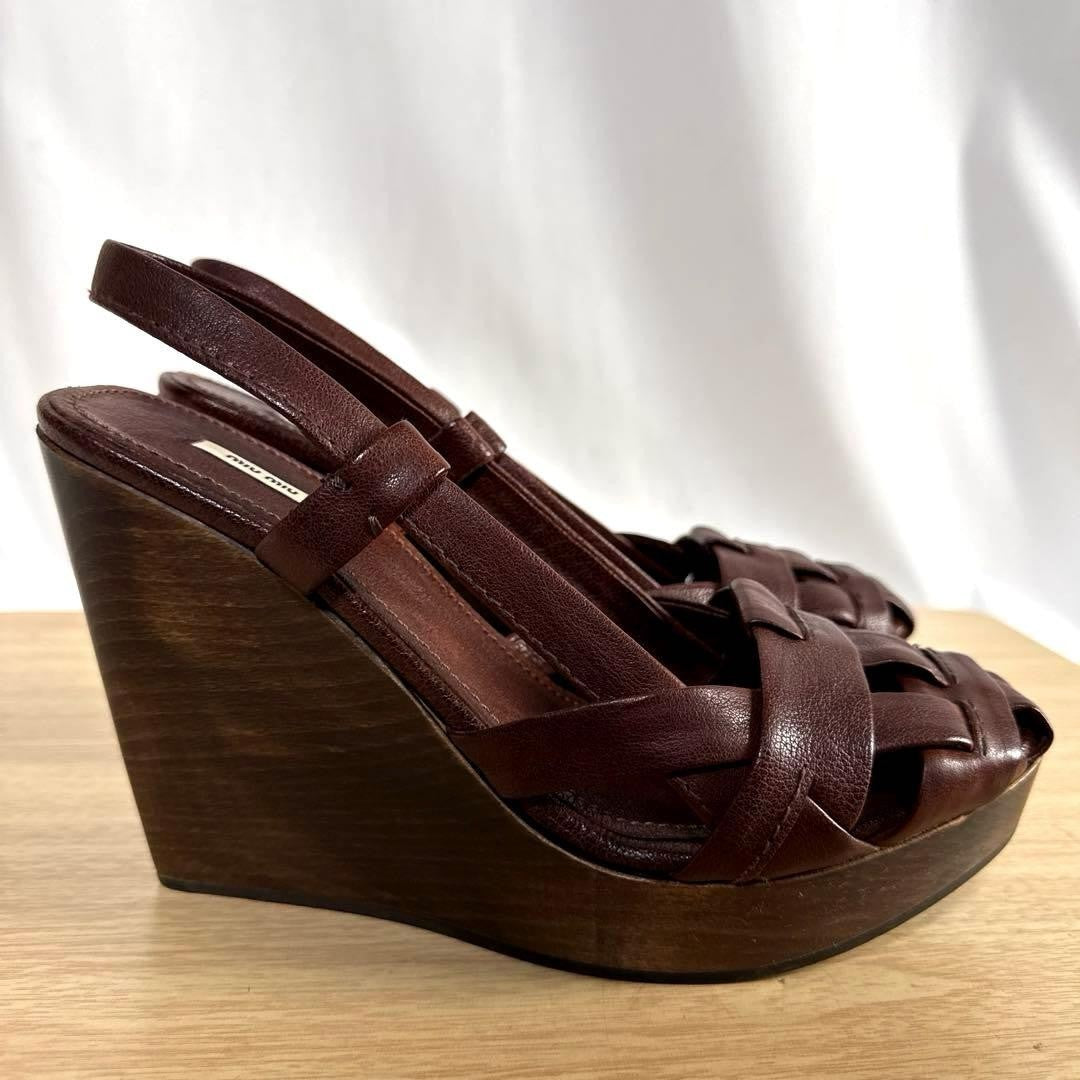 Rare Miu Miu Brown Leather Wedge Sandals 38.5 EU Beautiful Condition