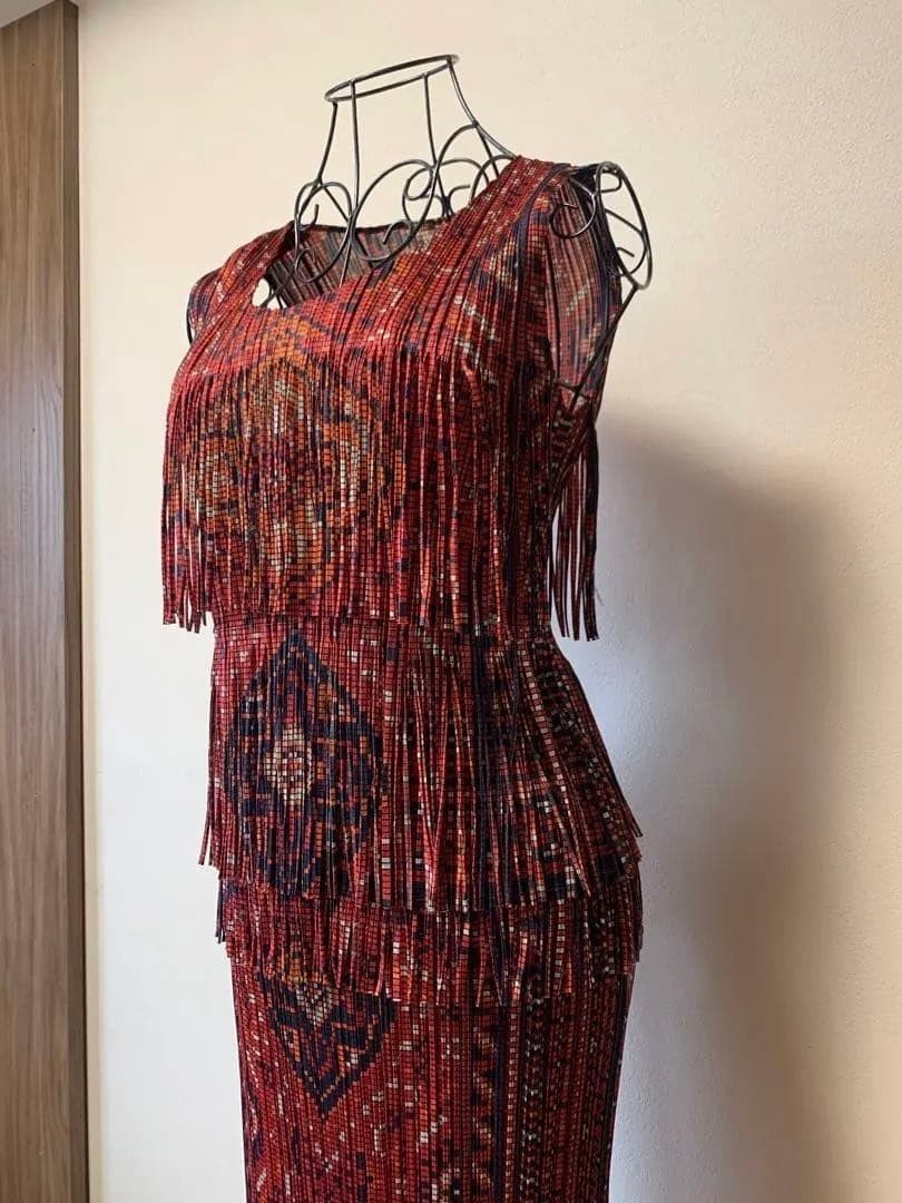 ISSEY MIYAKE PLEATS PLEASE Print Fringe Sleeveless Top Long Skirt Set Up from JP