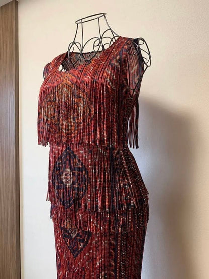 ISSEY MIYAKE PLEATS PLEASE Print Fringe Sleeveless Top Long Skirt Set Up from JP