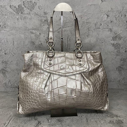 COACH Ashley Croc Embossed Leather Tote Bag Silver Y2K Rare