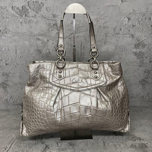 COACH Ashley Croc Embossed Leather Tote Bag Silver Y2K Rare