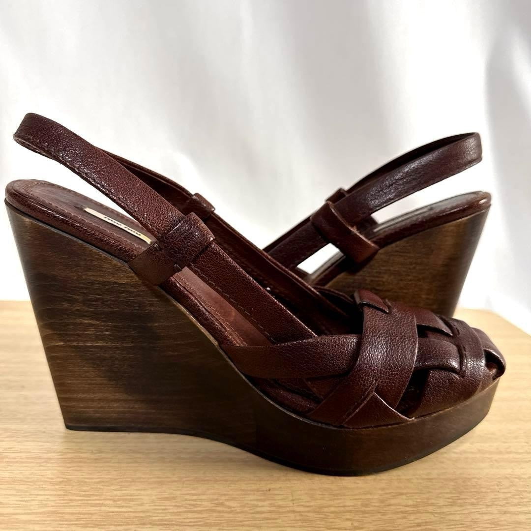 Rare Miu Miu Brown Leather Wedge Sandals 38.5 EU Beautiful Condition