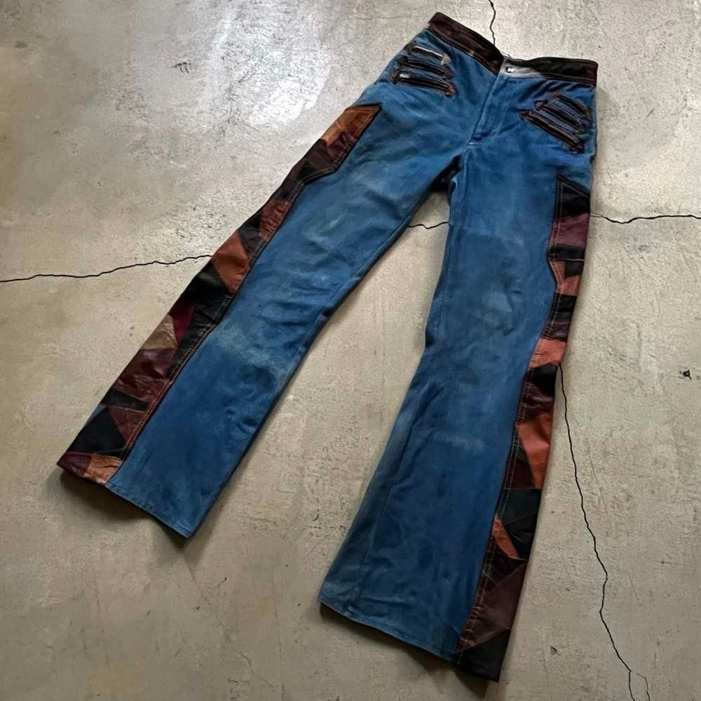 60S-70S Aura Vintage Patchwork Leather Bell Bottom/Jeans Denim Boot Cut East Wai