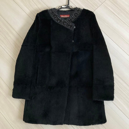 Max Mara Lapin Fur Jeweled A-line Collarless Coat Jacket Blouson Women 36 Black