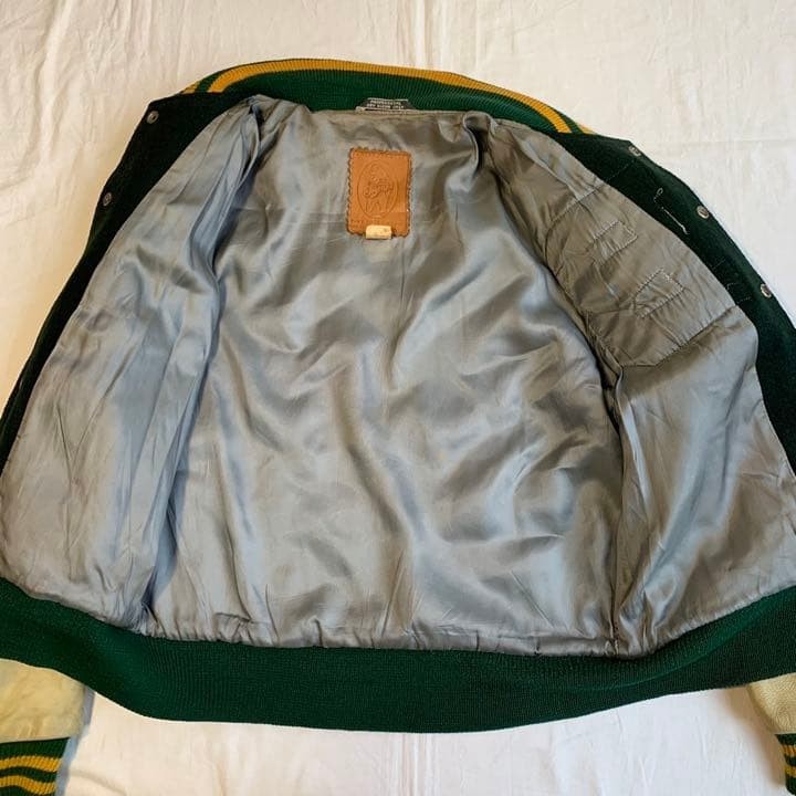 Vintage USA-made Golden Bear leather sleeve stadium jacket