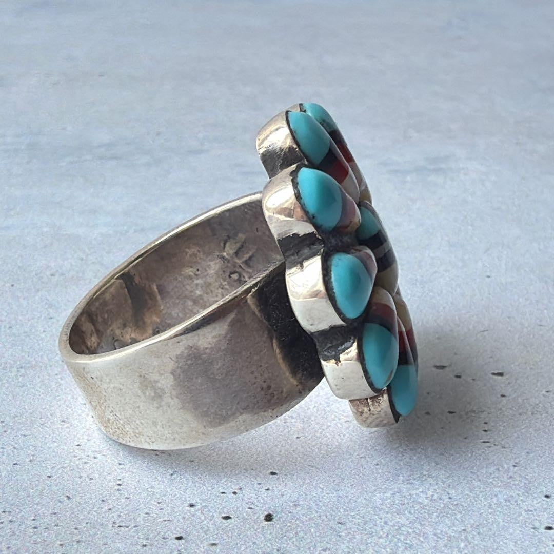 Zuni Sun God Sun Face Inlay Ring, US Size 8.5-9