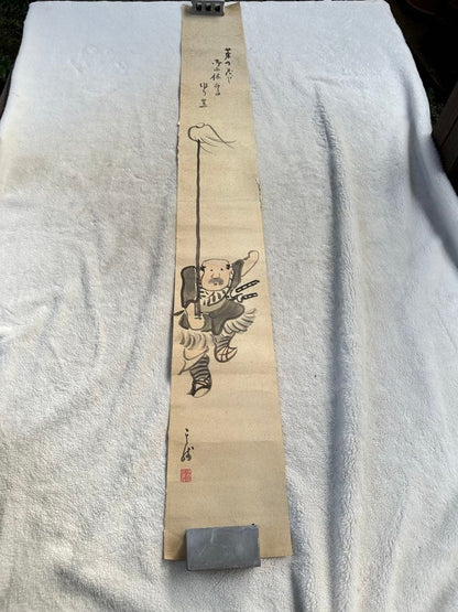 A rare Otsu-e painting. It's a long, narrow type, like a tanzaku. Size: Height