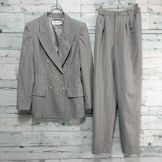 Yves Saint Laurent 90s Double Breasted Wool Suit Set Gray Pinstripe 34