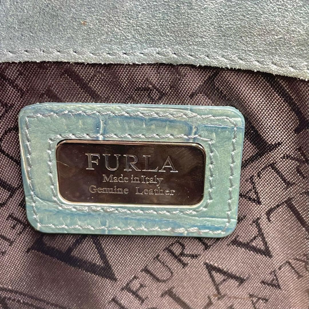 FURLA Croco Embossed Leather Shoulder Bag Green Small Brand Authentic
