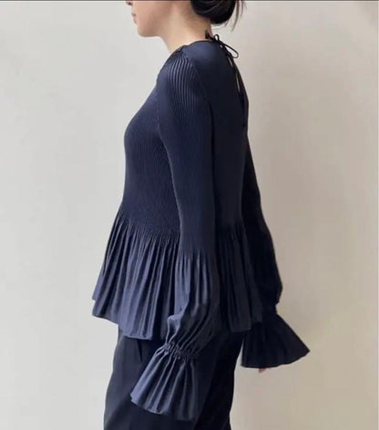 KALLMEYER Pleats Blouse Navy Feminine Flare Sleeve Elegant
