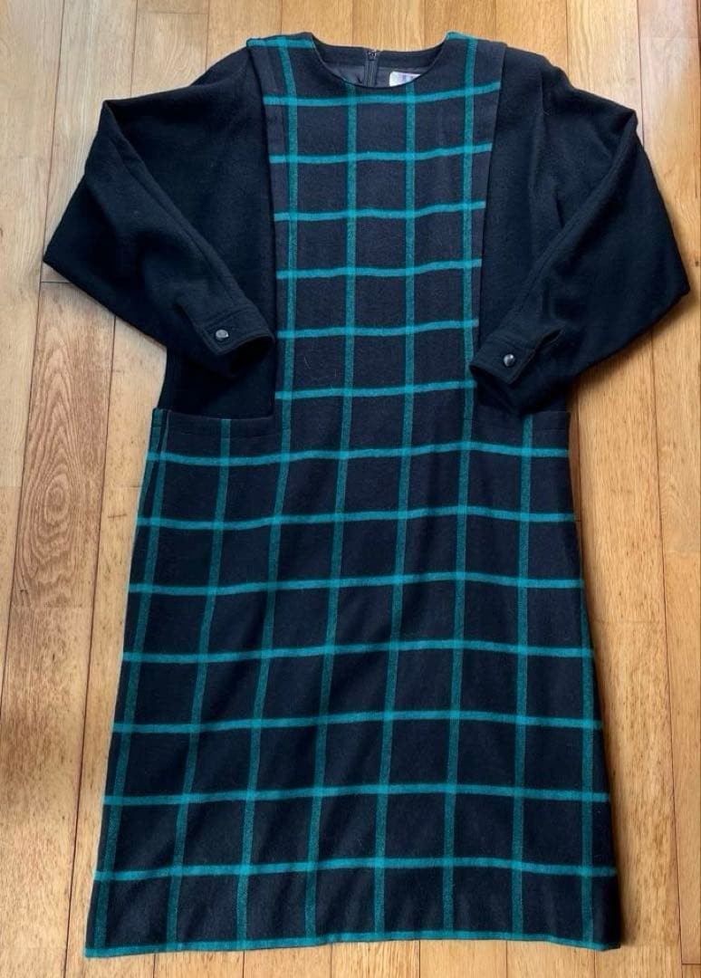 Mari Mura Black Turquoise Check Dress Wool Retro Mari Mura