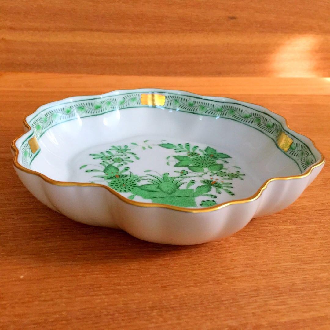 HEREND Fleurs des Indes Deep Plate Tray Dish 14cm Green Chinese Bouquet